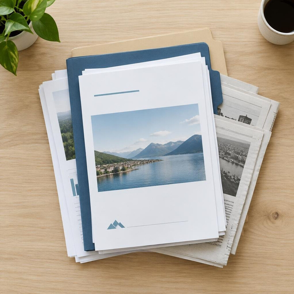 Stack of printed documents and files used for research