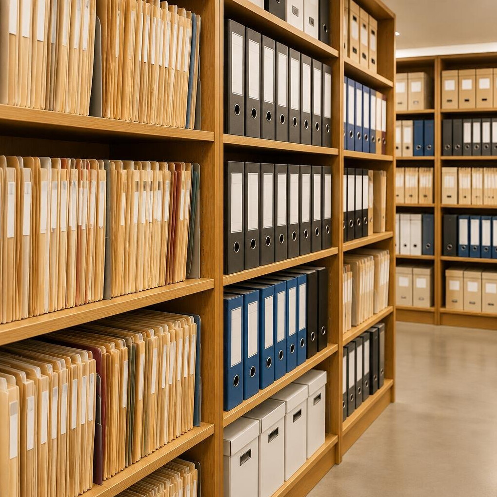 Rows of archived paper files and folders on shelves