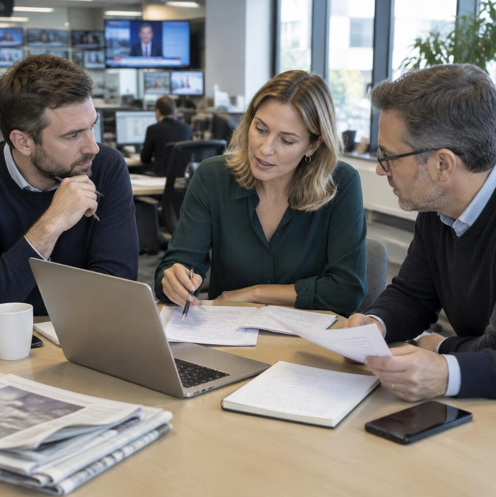 Small group of journalists discussing around a table with notes